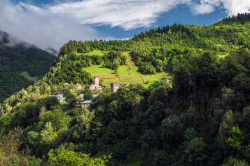 Green mountains of Svaneti region in Georgia country with villages Zegani