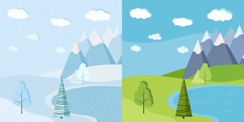Set of beautiful Christmas winter and green summer or spring landscape background with mountains, snow, trees, spruces, frozen and blue lake in flat cartoon style. Vector lake landscape illustration.