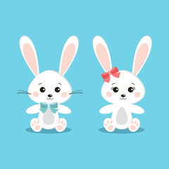 Set of sweet and cute white bunny rabbits boy and girl in sitting pose isolated icon on blue background in cartoon flat style. Vector clip art character children illustration.