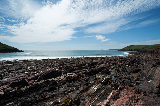 Manorbier Burg-Schloss und gleichnamiger Strand, Wales, gro&szlig;britannien