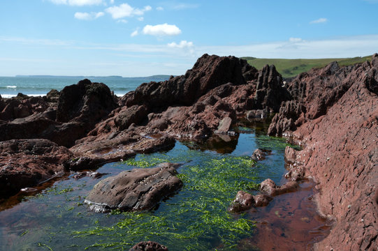 Manorbier Burg-Schloss und gleichnamiger Strand, Wales, gro&szlig;britannien