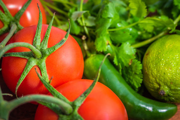 Fresh Organic Ingredients Used In Salsa. Vine Ripened Tomatoes, Jalapeno Peeper, Lime, & Cilantro On Wood Cutting Board