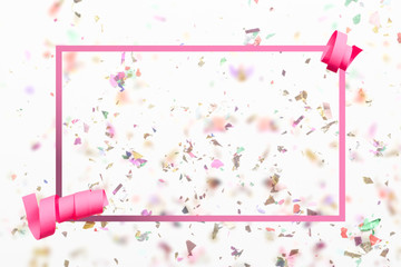 Congratulations greeting card with bright colour confetti explosion in background, pink ribbon and copy space for special message