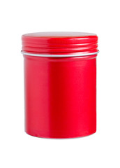 Blank red aluminum cylindrical container isolated on white background. Packaging for hair cosmetic.