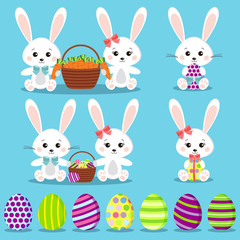 Happy Easter set: isolated funny rabbits with colorful eggs. Cute baby bunnys in sitting pose holding basket with carrot and eggs collection, egg shaped gift. Vector illustration in cartoon flat style