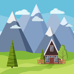 Fototapeta na wymiar Spring or summer mountain landscape with wood country rural a-frame house, green tree, spruces, fields, clouds, mountains, road, wooden fences in cartoon flat style. Vector background illustration.