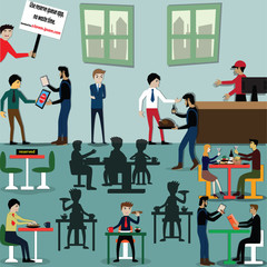 Cartoon concept,Modern people used application for reserve table and foods  in busy restaurant - vector