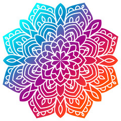 Colorful gradient flower mandala. Hand drawn decorative element. Ornamental round doodle floral element isolated on white background. Vector illustration.