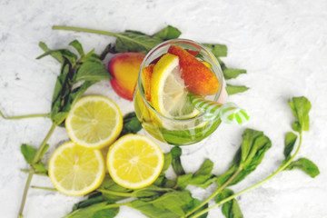 Summer alcoholic beverage with fresh fruits and mint. Gin tonic cocktail in wine glass.