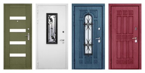 Set of models of entrance metal doors isolated on white background