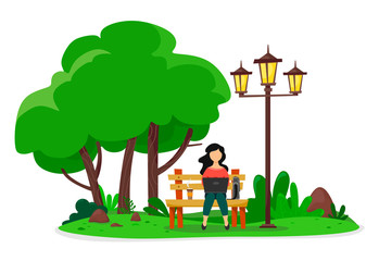 Fototapeta premium Young woman sitting in the park with a street lamp and working with a laptop. Vector flat modern illustration