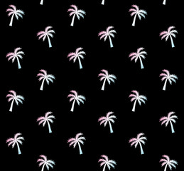 Vector seamless pattern of holographic hand drawn doodle sketch palm tree silhouette isolated on black background 