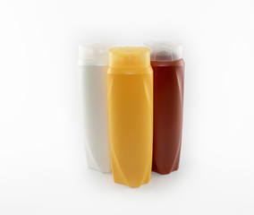 Shooting shampoo bottle. Abstract background in white color. It was taken in the studio.