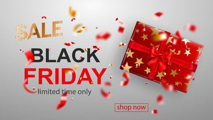 Fototapeta na wymiar Black Friday sale banner. Gift box with bow and ribbons. Flying shiny blurry red and yellow confetti and pieces of serpentine on white background. Vector illustration for posters, flyers or cards.