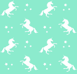 Vector seamless pattern of white unicorn silhouette and stars isolated on mint background