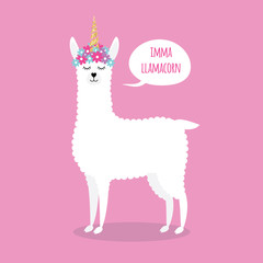 Vector flat cartoon llama unicorn llamacorn isolated on pink background © Sweta