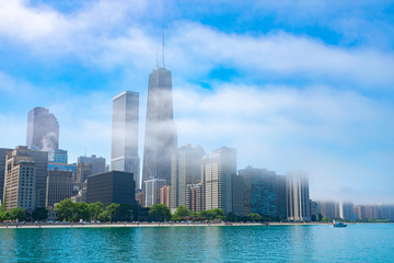Fototapeta na wymiar Chicago Skyline Hidden by Fog Clouds over Lake Michigan