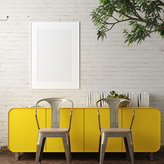 Mockup poster frame in living room loft in industrial style, 3d render