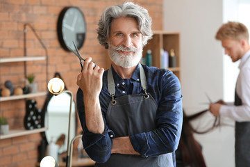Mature male hairdresser in beauty salon