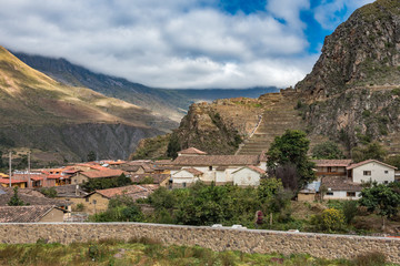 View looking down on Ollantaytambo beginning the climb