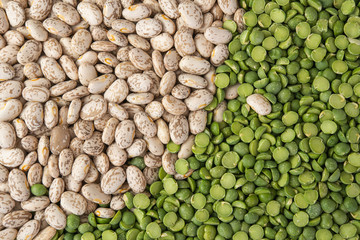 Green Split Peas and Pinto Beans Close Up Top View. Food Background, Dried Beans, Legume Family