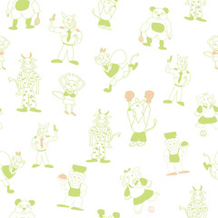 Vector white light green fun anthromorphic characters seamlesspattern background