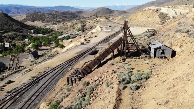 Orbit Wooden Gold Mine Head Frame at Virginia City Nevada - Aerial Drone.