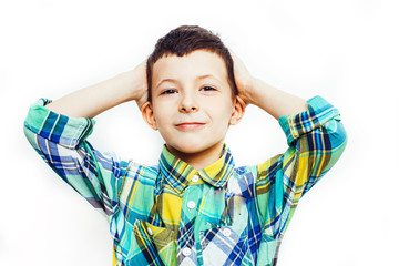 little cute boy on white background gesture smiling close up, lifestyle people concept