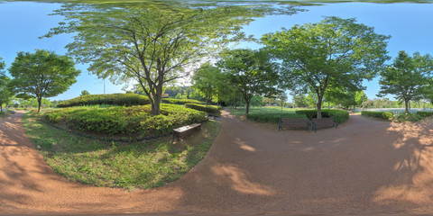 Ansan, South Korea - 12 June 2019. Panorama 360 degree view in park. Forest and Park 360 image, VR AR content.