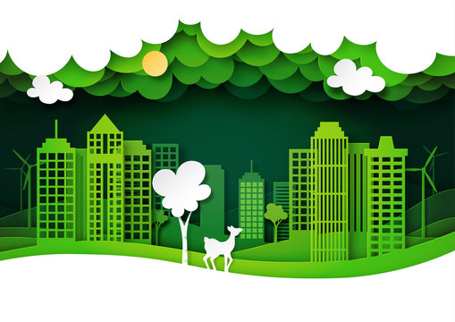 Green eco city and deer wildlife with nature landscape background layers paper art style.Ecology and environment conservation concept.Vector illustration.