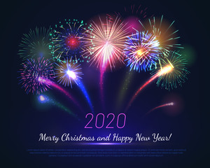 Merry Christmas and Happy New Year greeting card with realistic fireworks. Brightly shining fireworks flashes on deep blue background. Traditional winter holidays banner vector illustration.