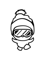 schnee winter k&uuml;ken vogel spa&szlig; rennen laufen klein s&uuml;&szlig; niedlich m&uuml;tze brille ferien ski snowboard cool comic cartoon clipart design urlaub fahren
