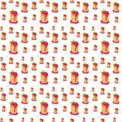 Watercolor illustration of a pie with raspberry,mint and jam on a plate with a spoon. Isolated on white background.Seamless pattern