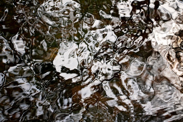 Brown, Black and White Ripples on a River Detail. Abstract background. Water closeup. Wet pattern. Beautiful and unique. Peaceful nature.