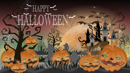 halloween night background with scary pumpkins and bats