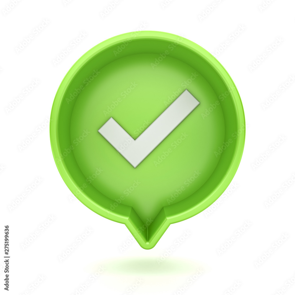 Poster 3d social media notification check mark icon in light green round pin isolated on white background w