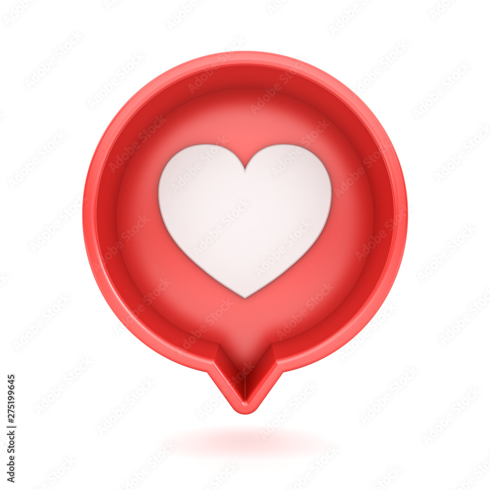 Poster 3d social media notification love like heart icon in red round speech bubble pin isolated on white background with shadow 3D rendering