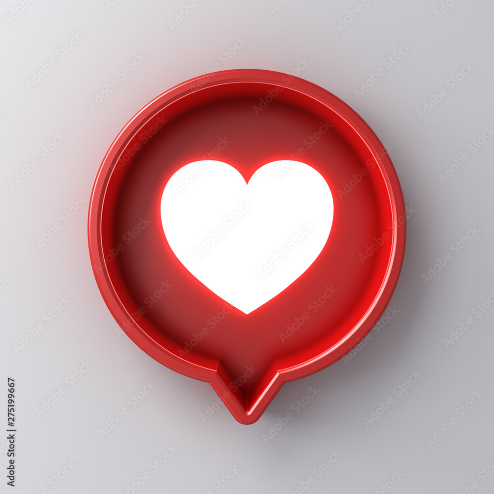 Poster 3d social media notification light like heart icon in red round speech bubble pin isolated on white wall background with shadow 3D rendering
