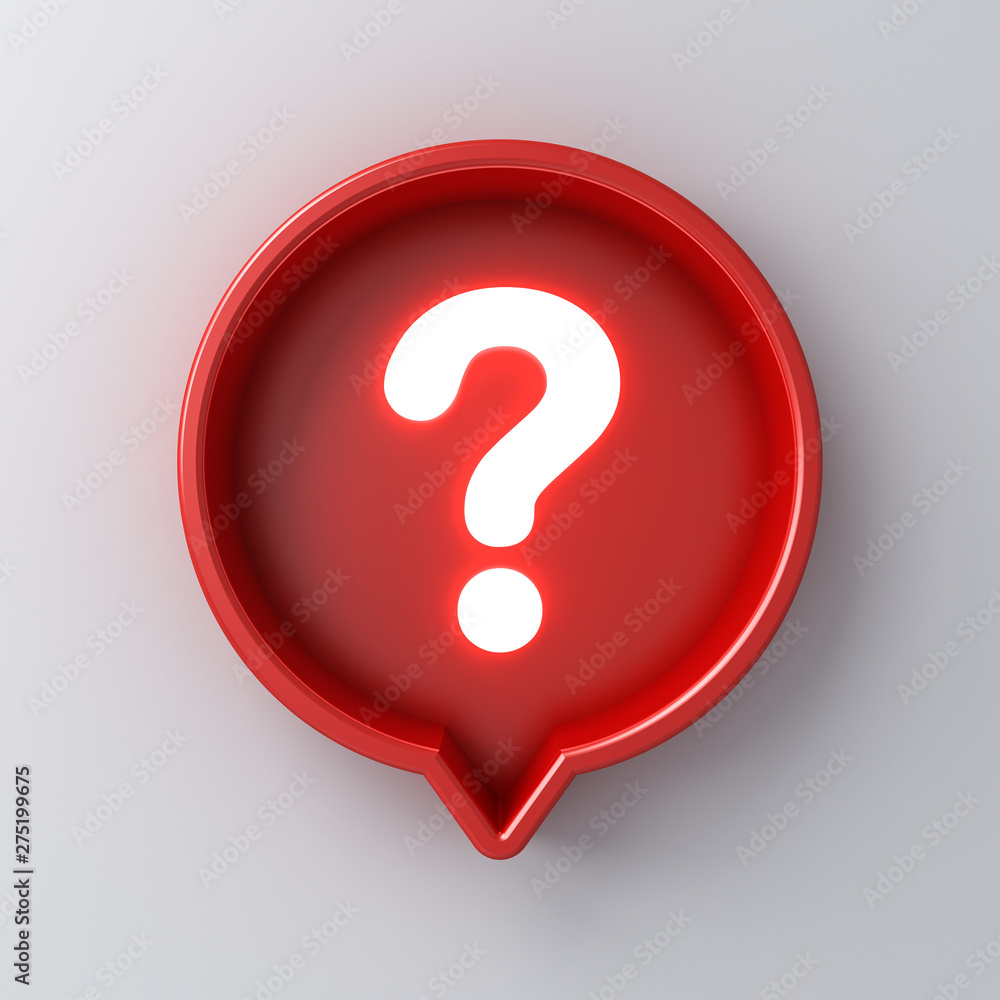Poster 3d social media notification neon light question mark icon in red round speech bubble pin isolated on white wall background with shadow 3D rendering