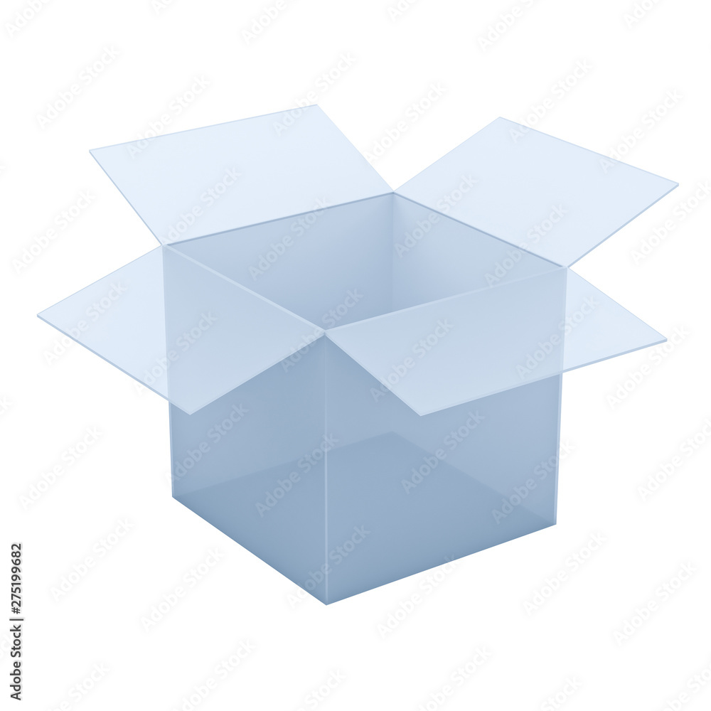 Aufkleber transparent box opening isolated on white background 3d rendering