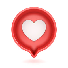 3d social media notification love like heart icon in red round speech bubble pin isolated on white background with shadow 3D rendering