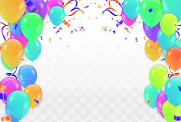 Colorful birthday balloons and confetti - vector background