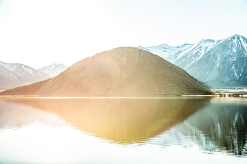 Lake Mountain Reflection Landscape, New Zealand travel destination , blue sky sunny day in nature
