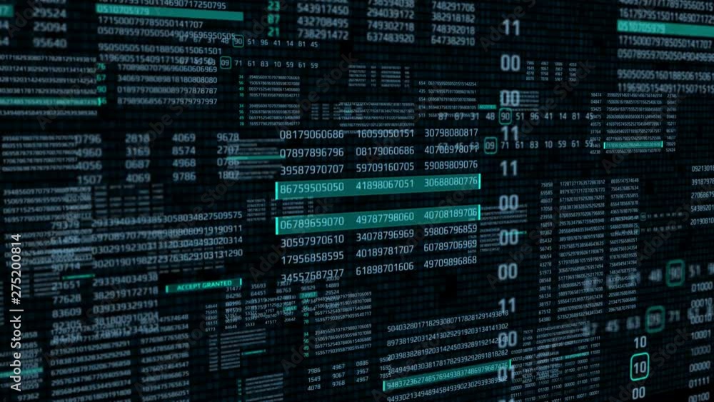 Poster HUD Futuristic Technology Digital Big Data Number Code Screen Information Display. Digit Binary Decimal Statistics Random Selection Fly Trough Animation 4K Footage Background.