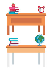set of desks with books and apple with global map and clock