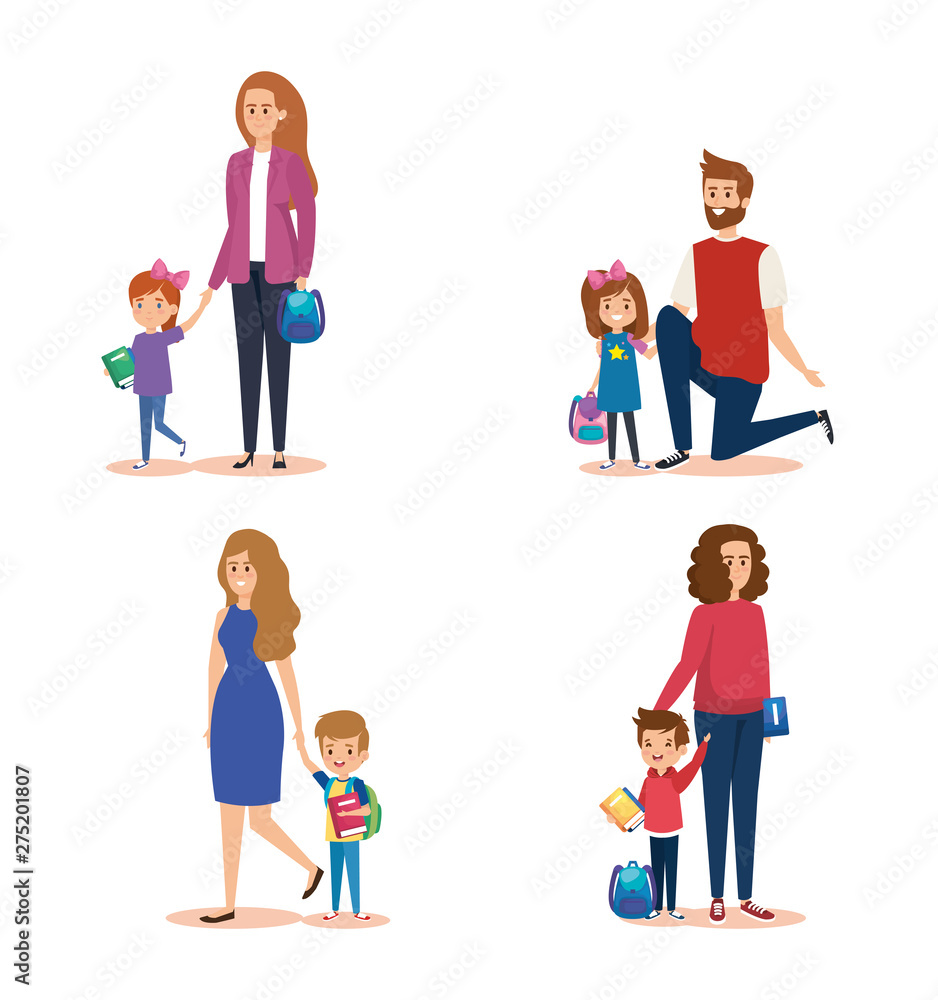 Wall mural set of mothers and fathers with girls and boys students