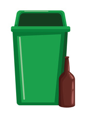 garbage can and glass bottle