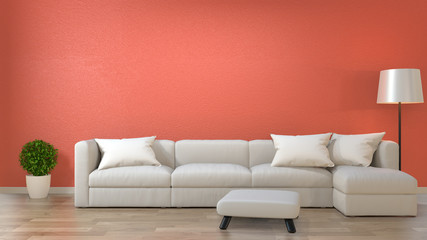 minimalist interior living room ,Living coral decor concept with sofa on wooden floor .3d rendering