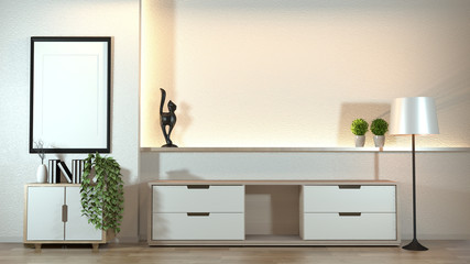 Cabinet in modern zen living room with decoration zen style on white wall design hidden light.3d rendering