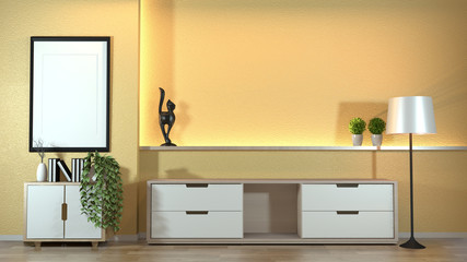 Cabinet in modern zen living room with decoraion zen style on yellow wall design hidden light.3d rendering